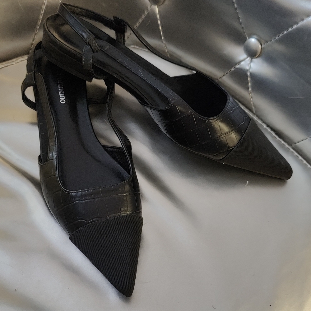 Paravano Black Croc-Embossed Pointed Slingback Mules